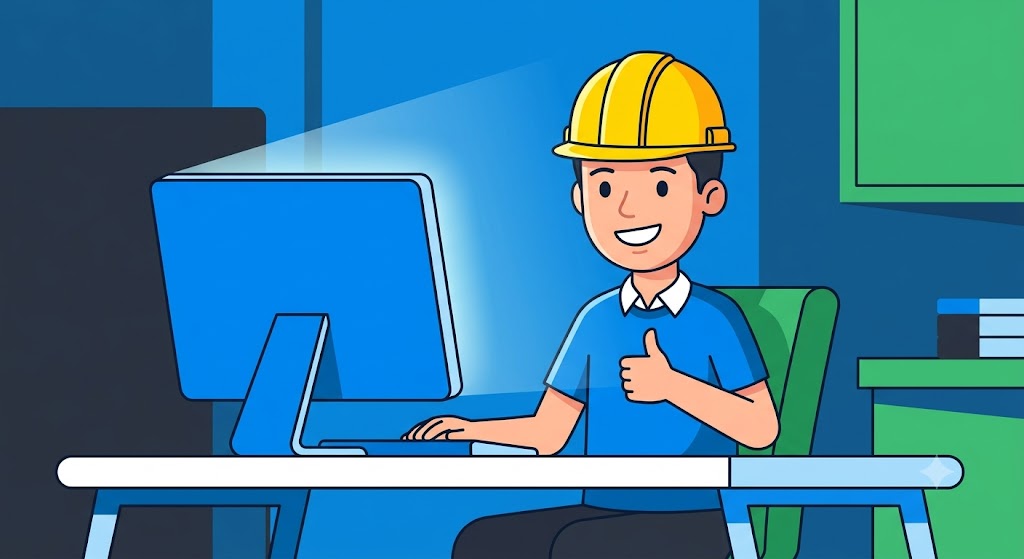 Comic for topic 1: Ready, set, learn!. A learner prepares a safe workspace.