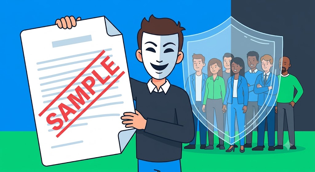 Comic for topic 7: Practice with copies. Fictional files protect real people.