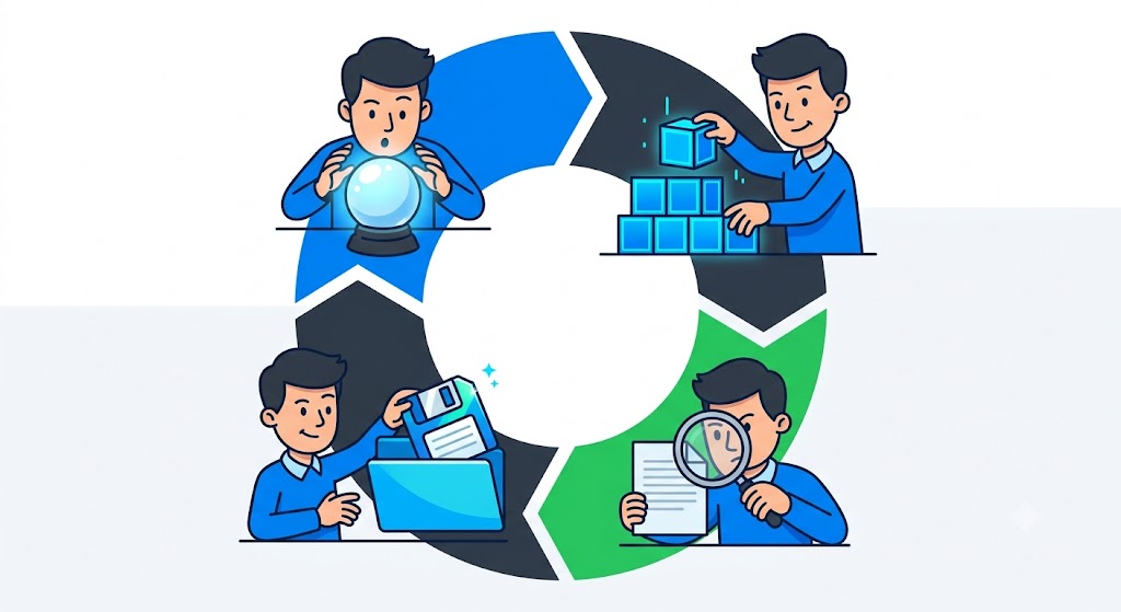 Comic for topic 8: Build, check, keep. A simple loop makes every session useful.